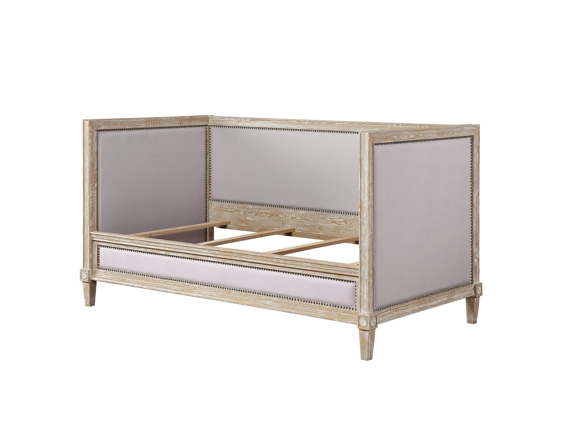 Upholstered bed frame with distressed wood finish and silver fabric