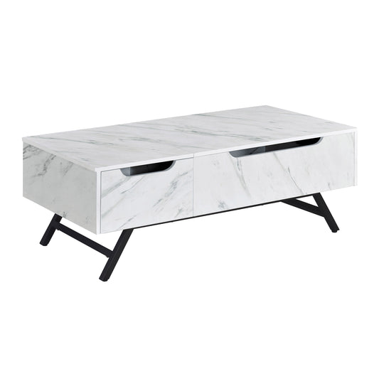 Modern white marble coffee table with two drawers and black metal legs