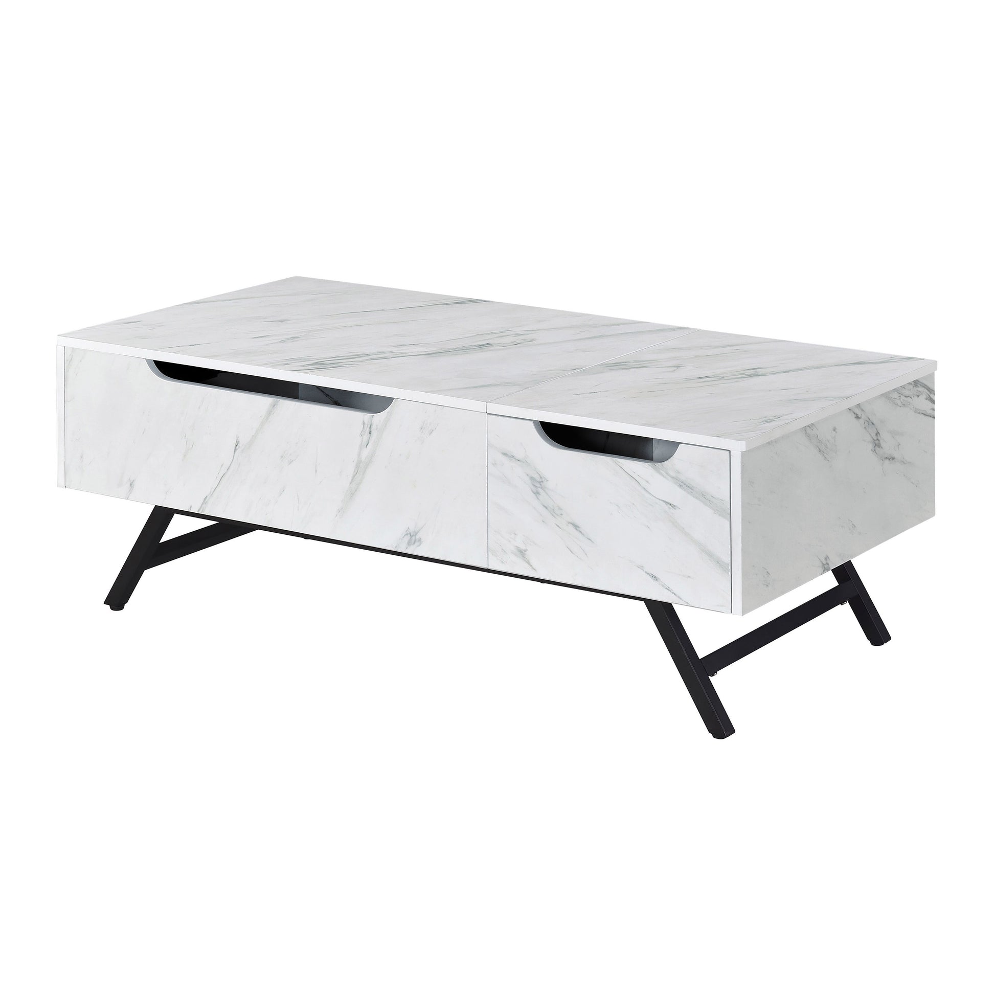 Modern marble coffee table with two drawers and black metal legs
