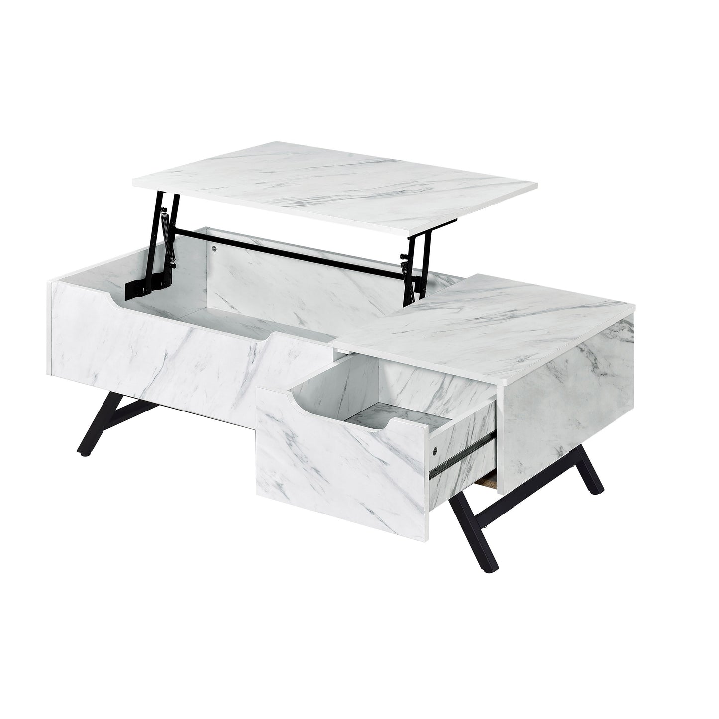 White marble lift top coffee table with storage drawers and black metal legs