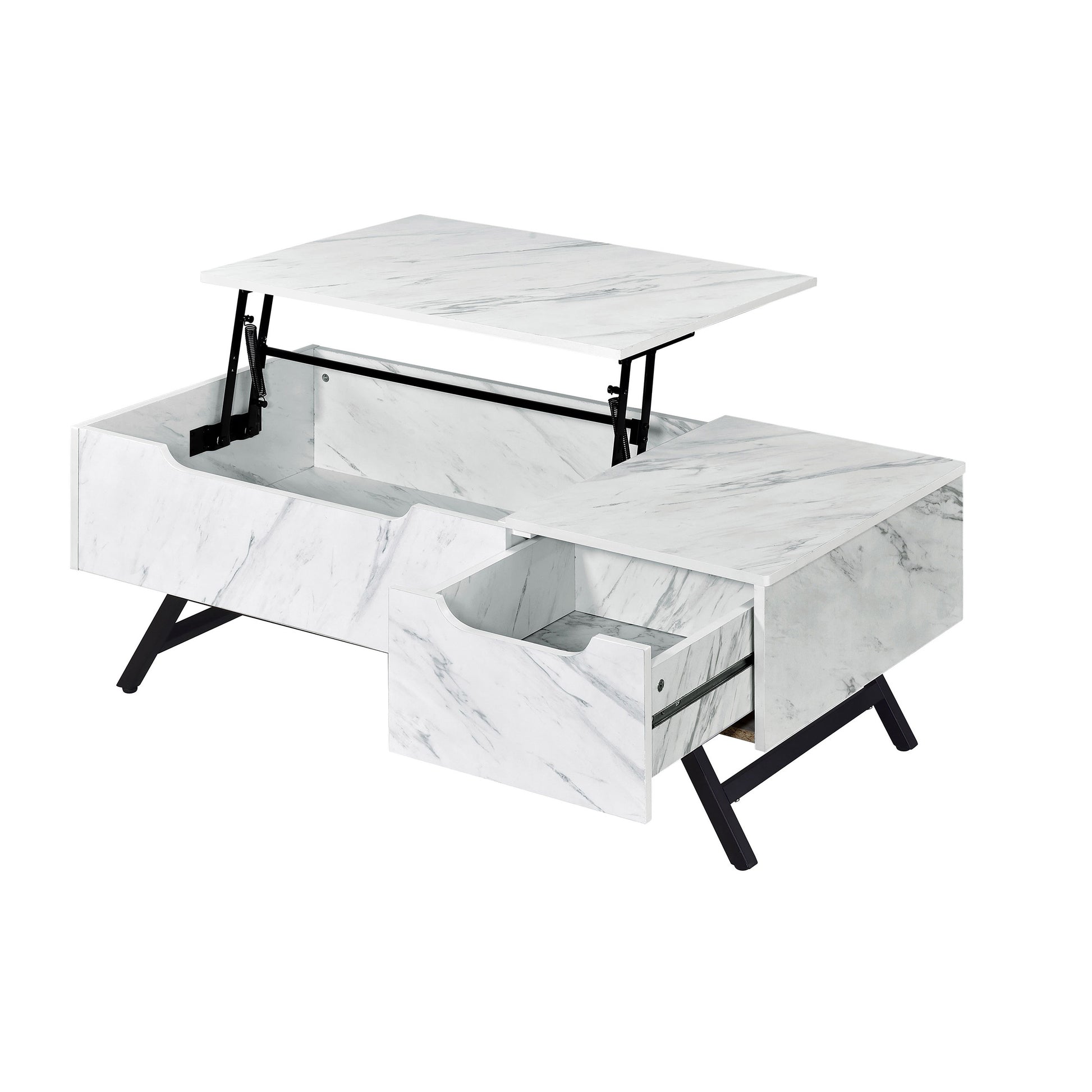White marble lift top coffee table with storage drawers and black metal legs