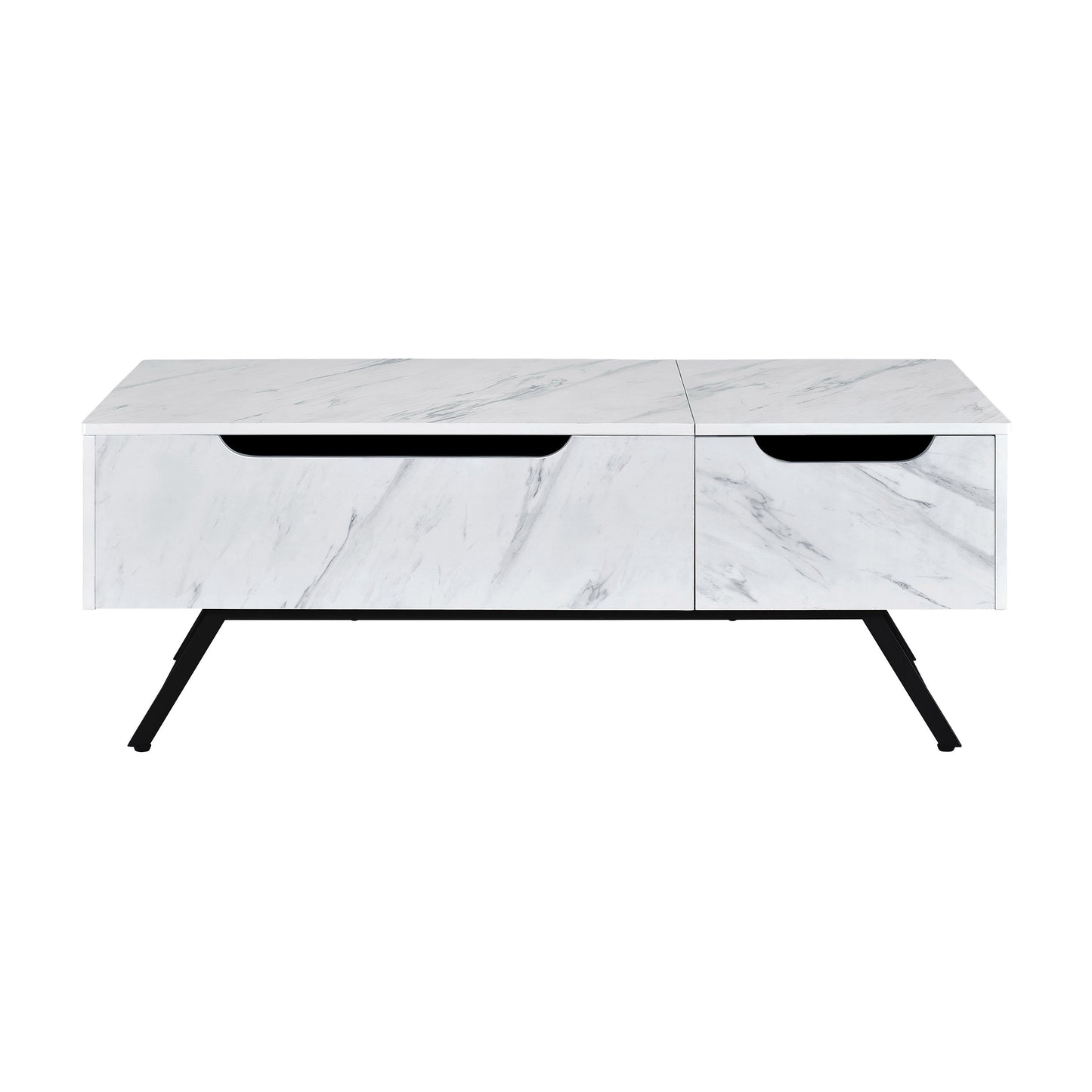 Modern white marble coffee table with two drawers and black metal legs