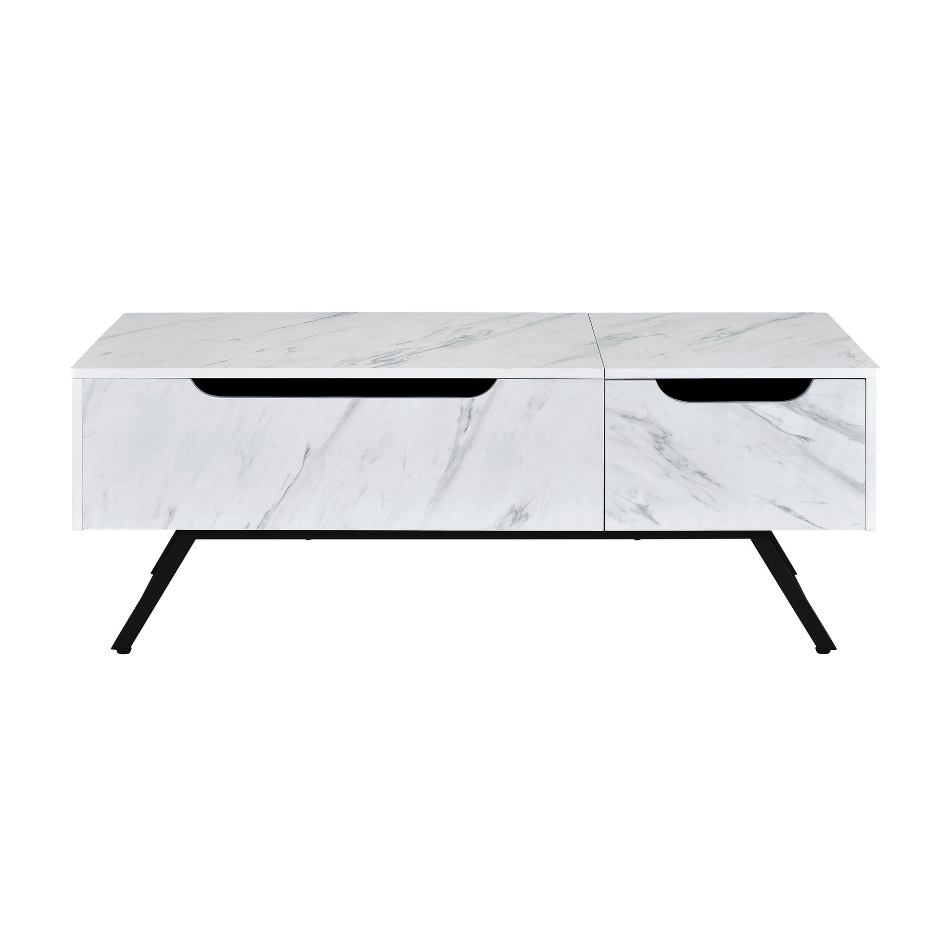 Modern white marble coffee table with two drawers and black metal legs