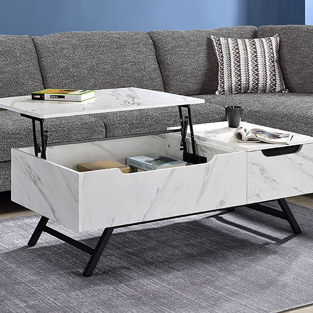 White marble lift top coffee table with hidden storage and metal legs