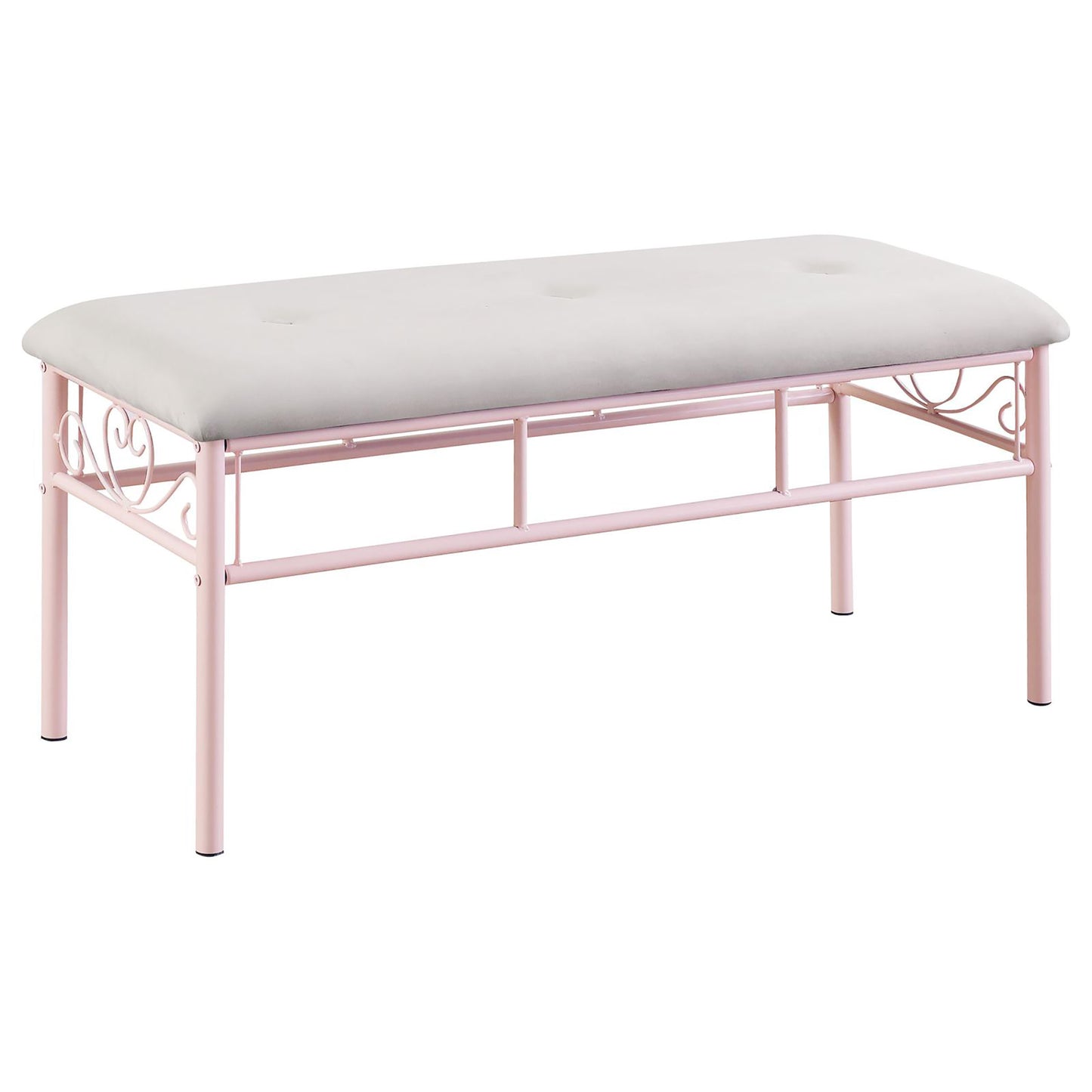 Pink metal bench with tufted light gray upholstered seat and decorative scrollwork