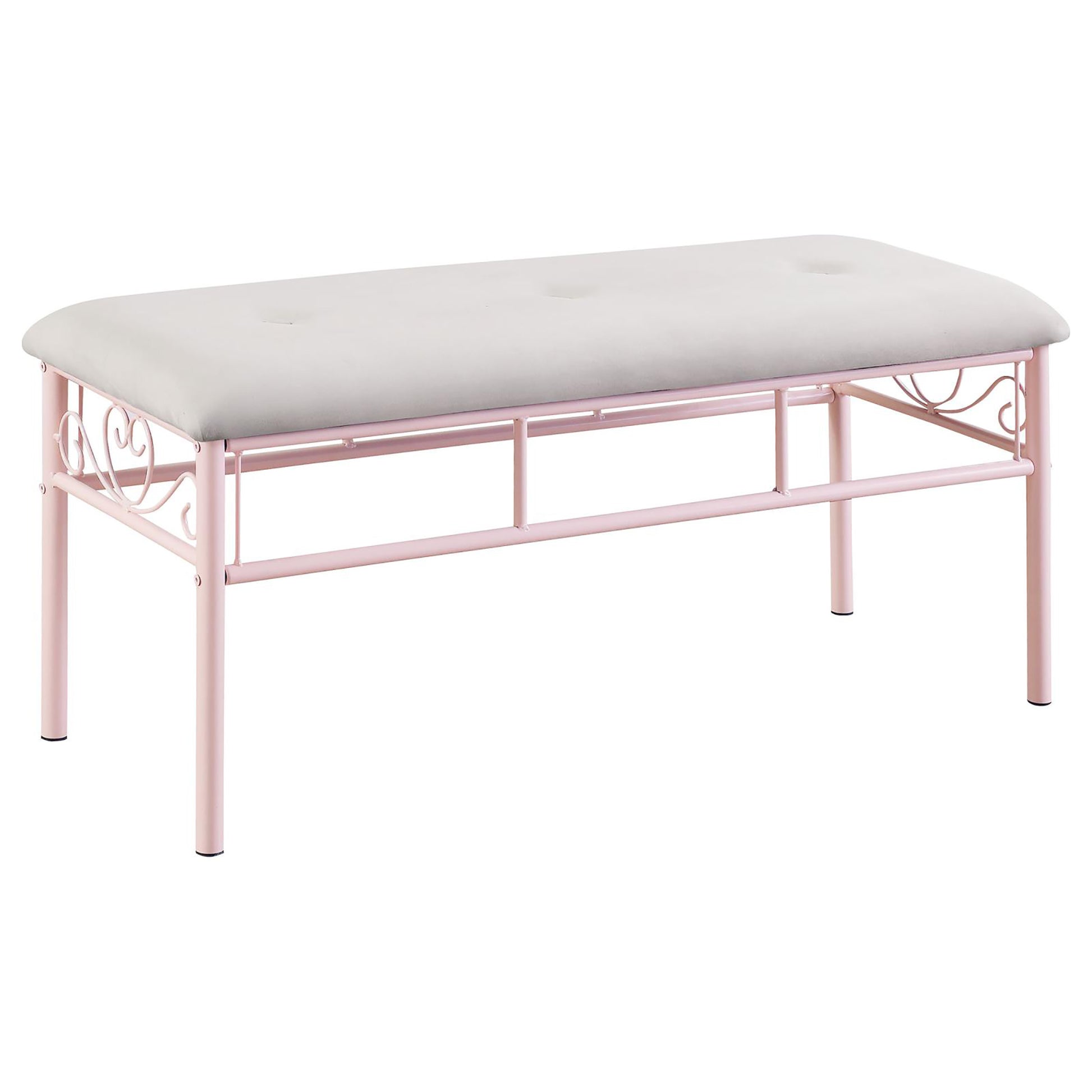 Pink metal bench with tufted light gray upholstered seat and decorative scrollwork