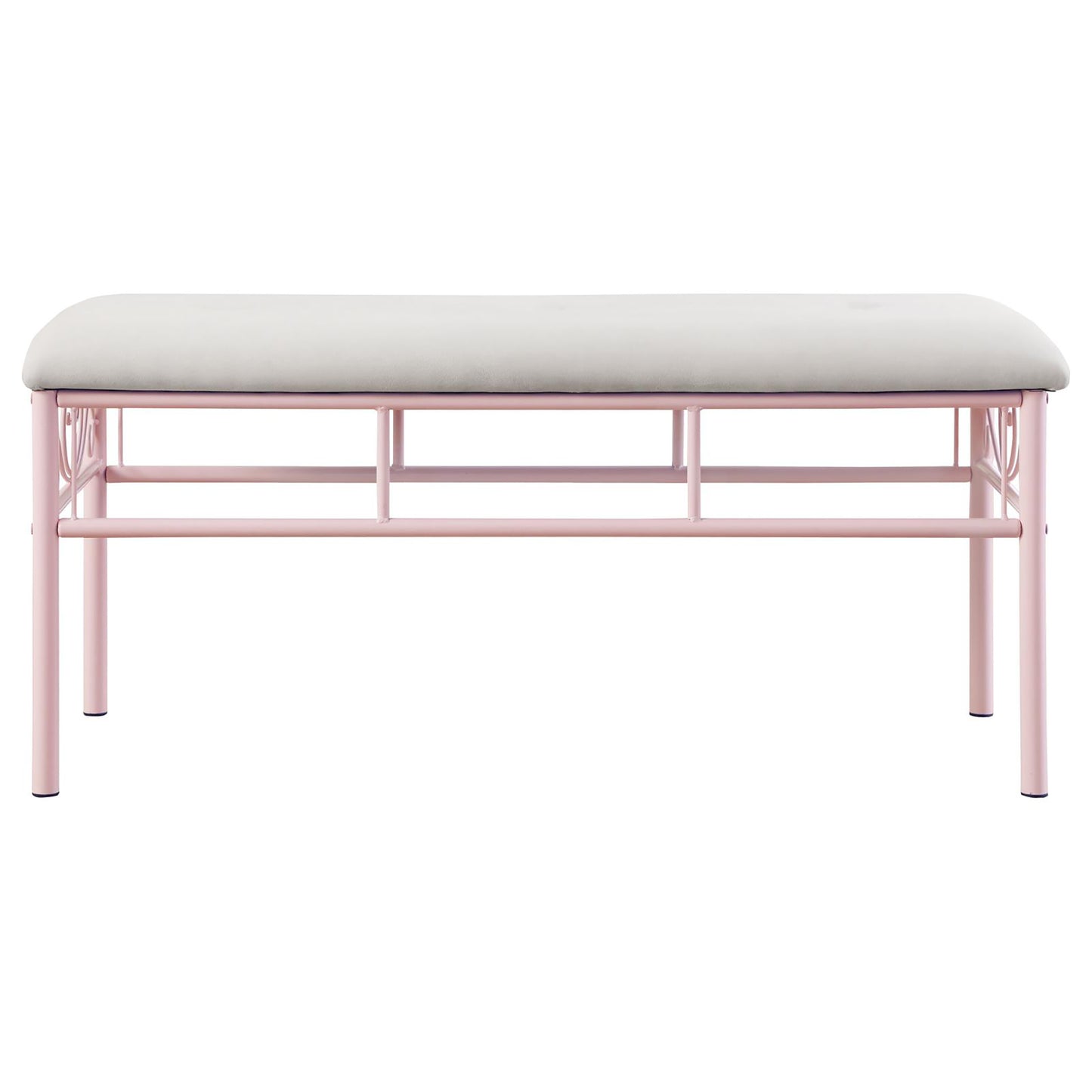 Soft grey upholstered bench with a delicate pink metal frame perfect for entryways