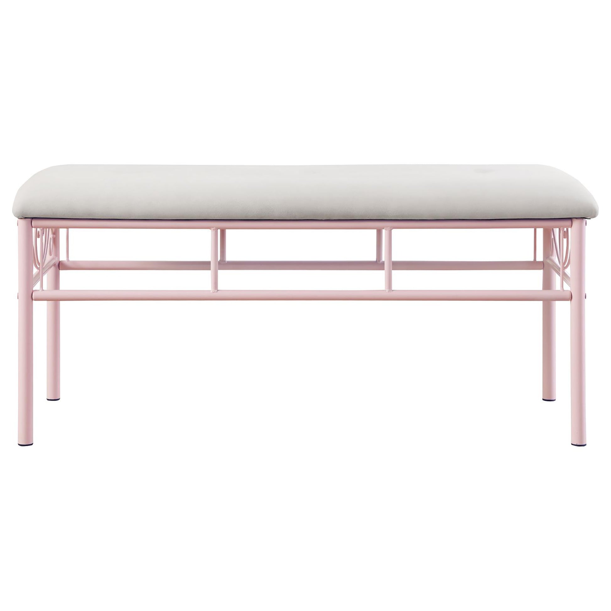 Soft grey upholstered bench with a delicate pink metal frame perfect for entryways