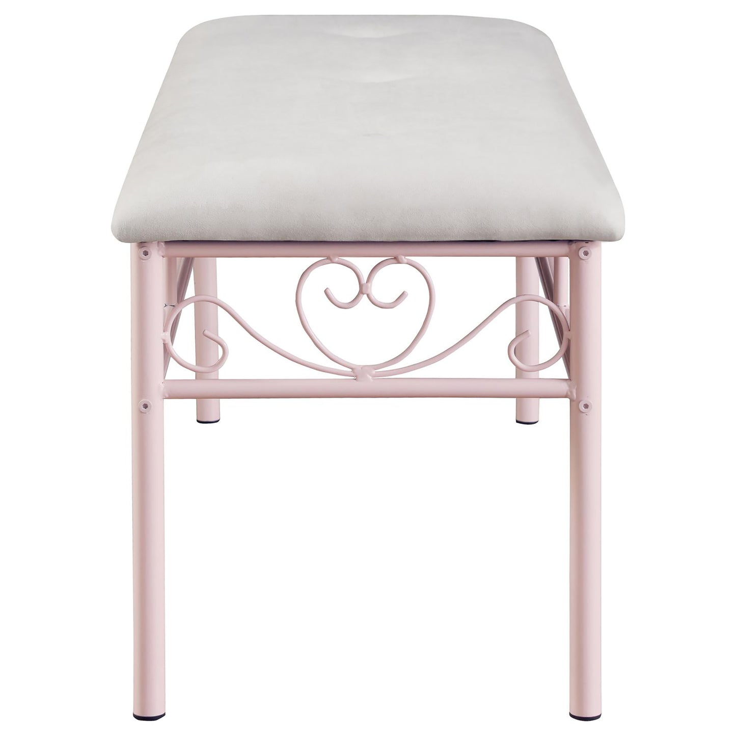 Pink metal bench with upholstered light gray seat and heart scroll design