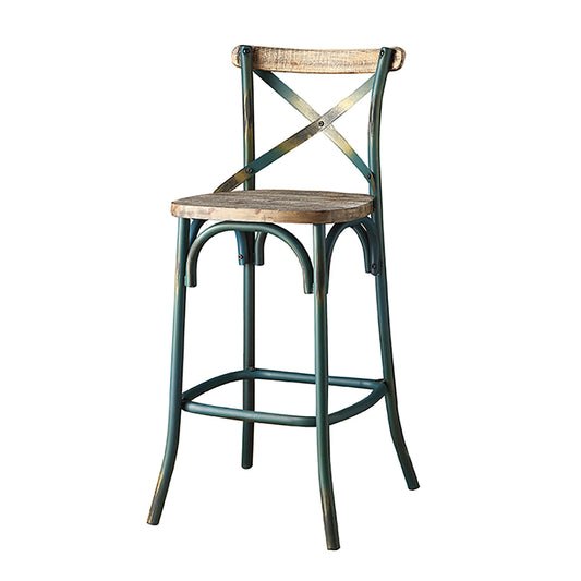 Rustic industrial bar stool with teal distressed metal frame and natural wood seat