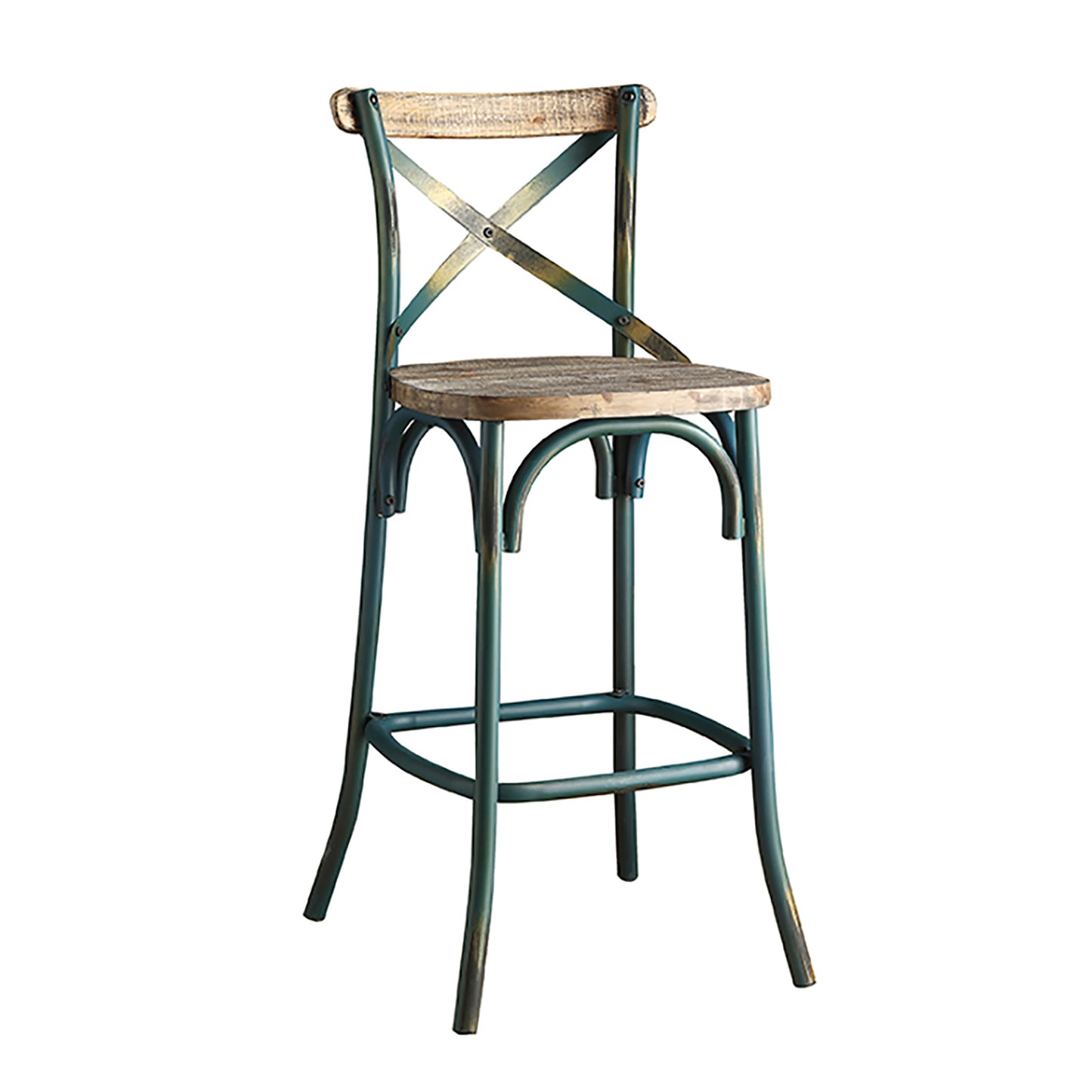Rustic bar stool with distressed teal metal frame and natural wood seat