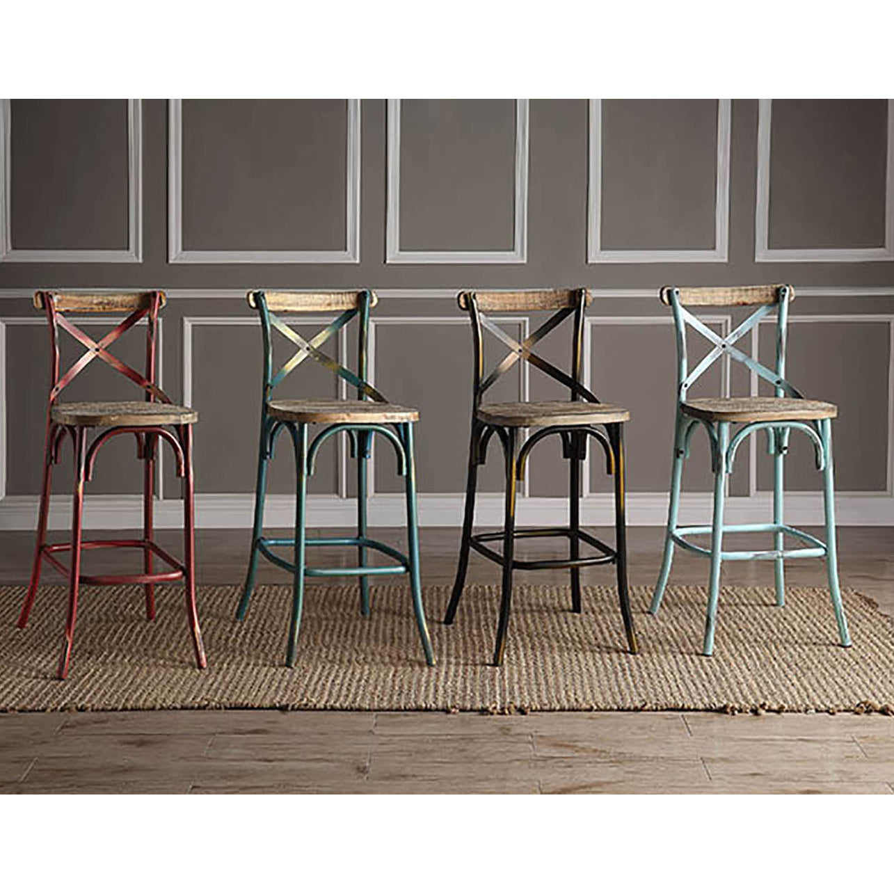 Set of four distressed metal bar stools with wooden seats and crisscross backs