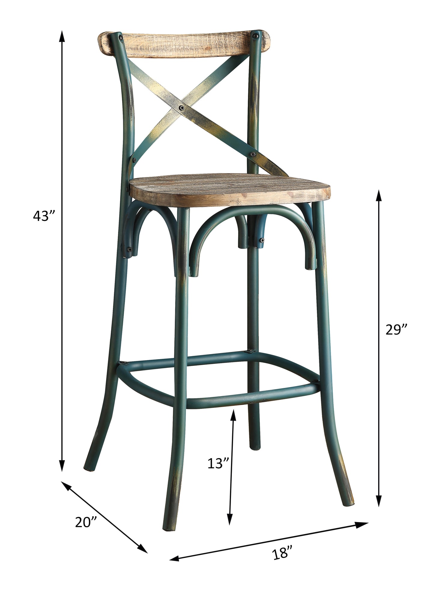 Distressed teal metal bar stool with distressed wood seat and crisscross backrest