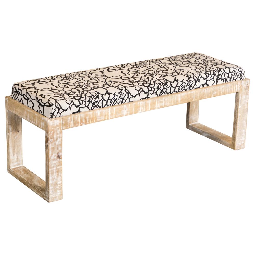Upholstered bench with a rustic wood frame and abstract black and white pattern seat