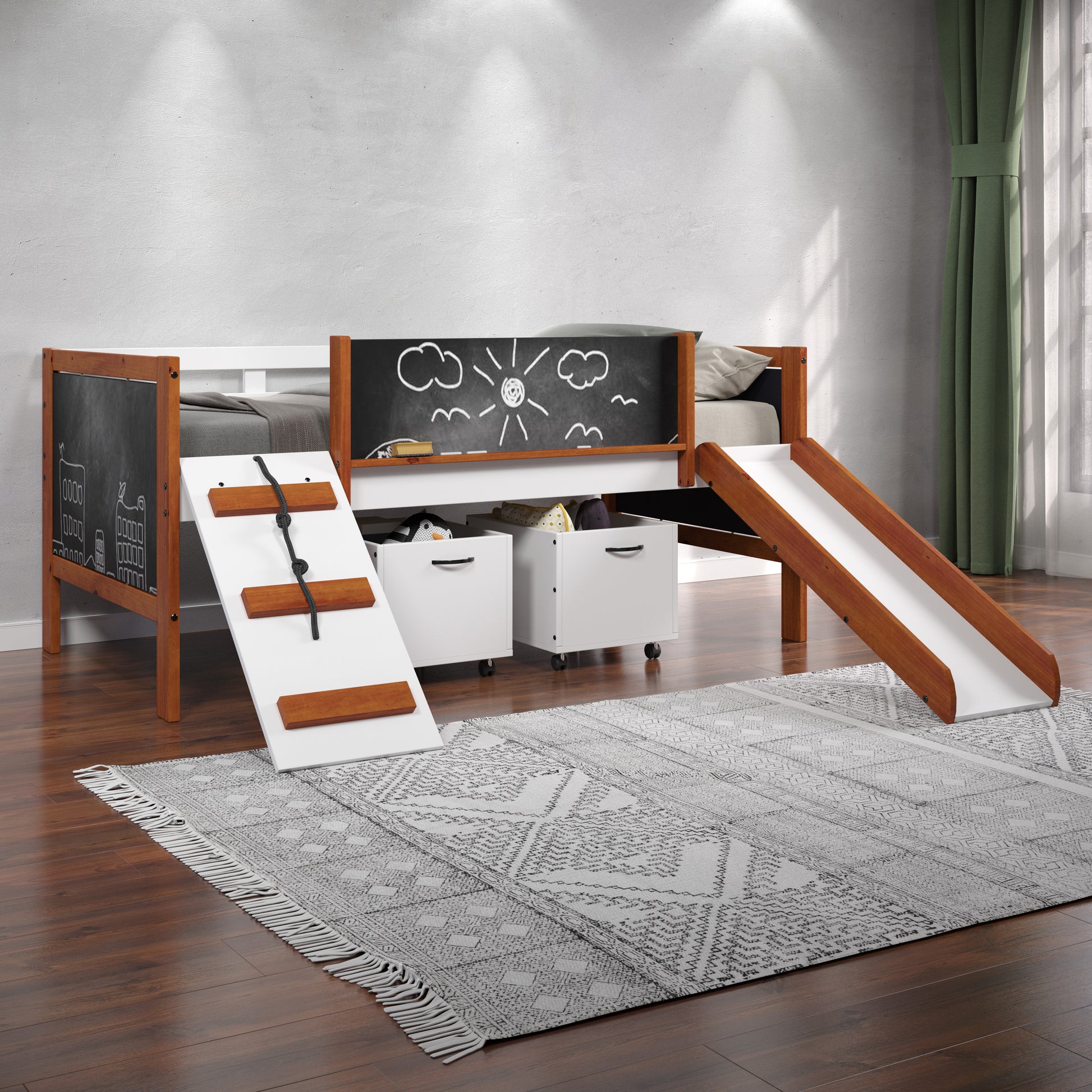 Low loft kids bed with slide and chalkboard sides