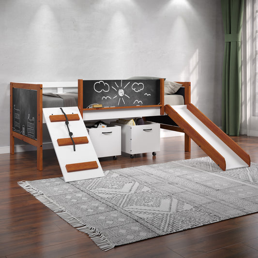 Low loft kids bed with slide and chalkboard sides
