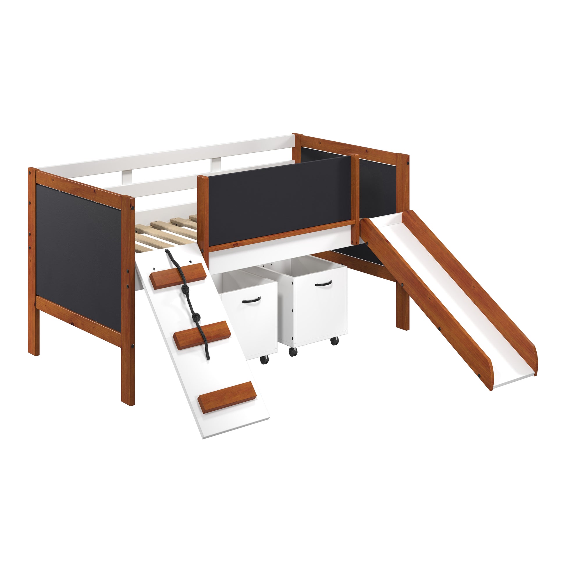 Wooden loft bed with slide and chalkboard sides