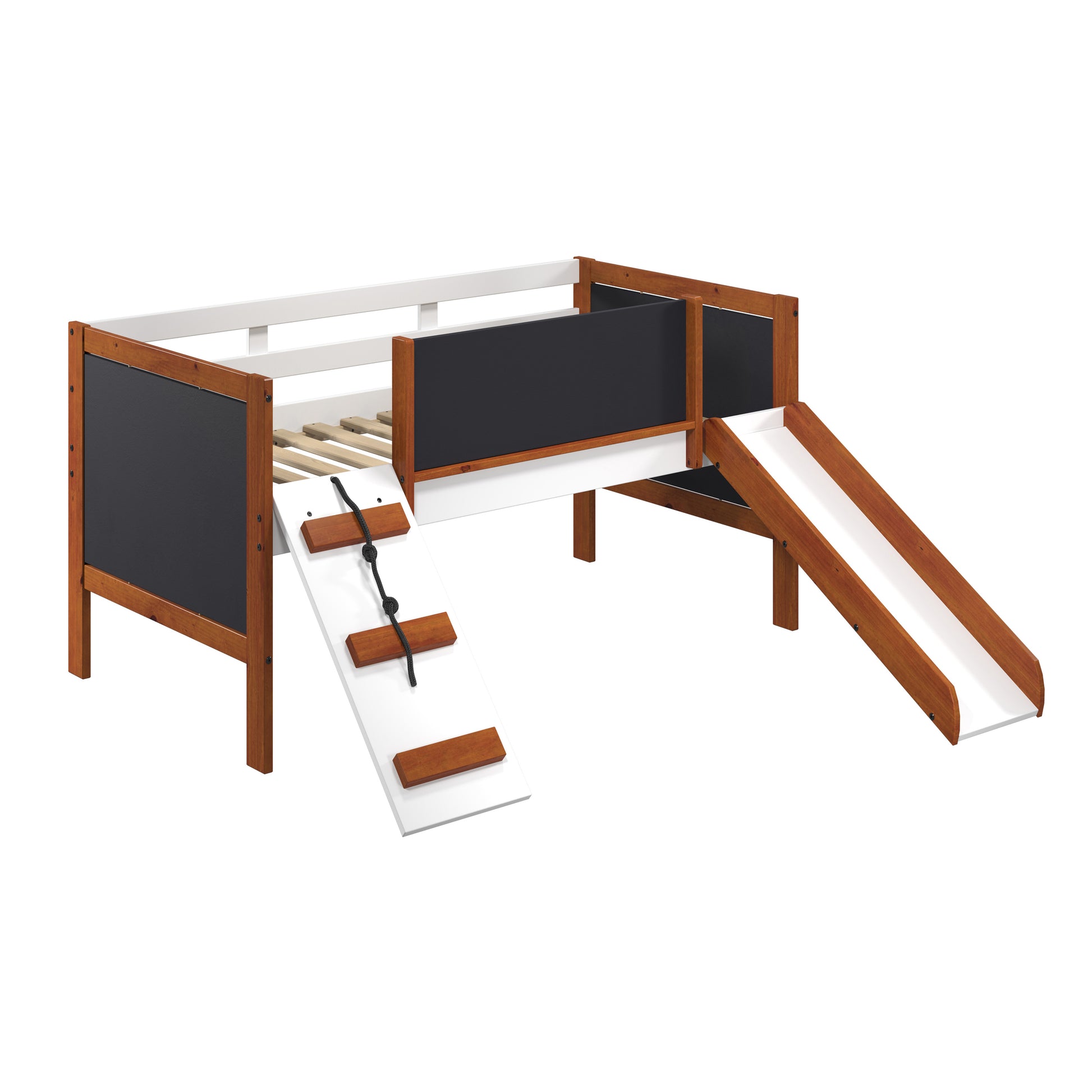 Wooden loft bed with chalkboard sides and two slides for kids play area