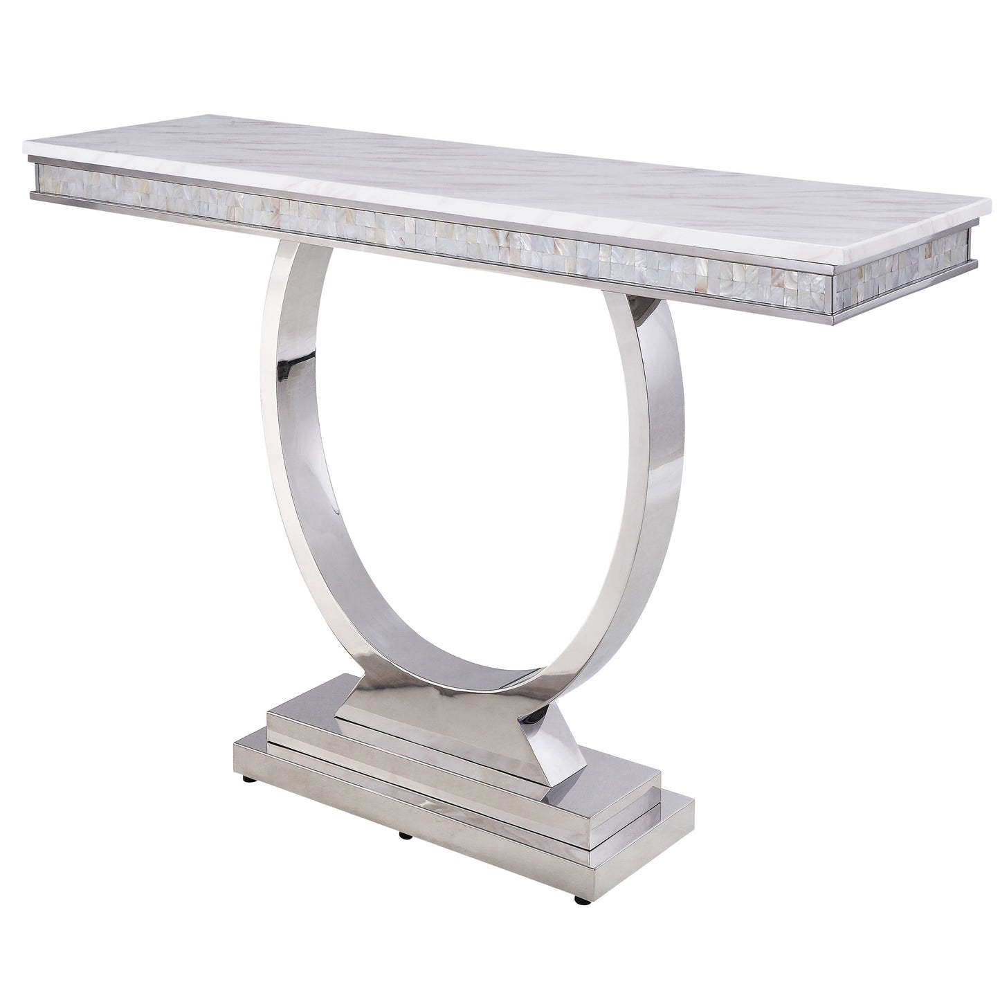 Sleek marble console table with mother of pearl inlay and a polished silver pedestal base