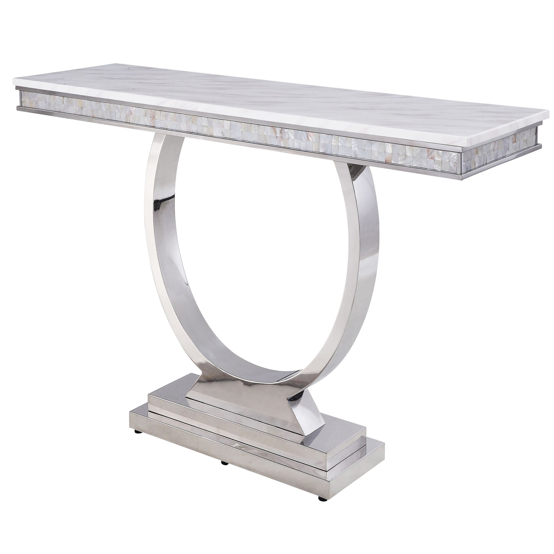 Sleek marble console table with mother of pearl inlay and a polished silver pedestal base