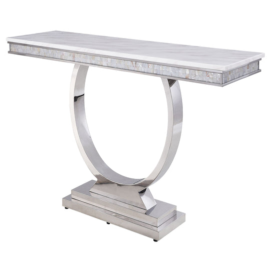 Sleek marble console table with mother of pearl inlay and a polished silver pedestal base