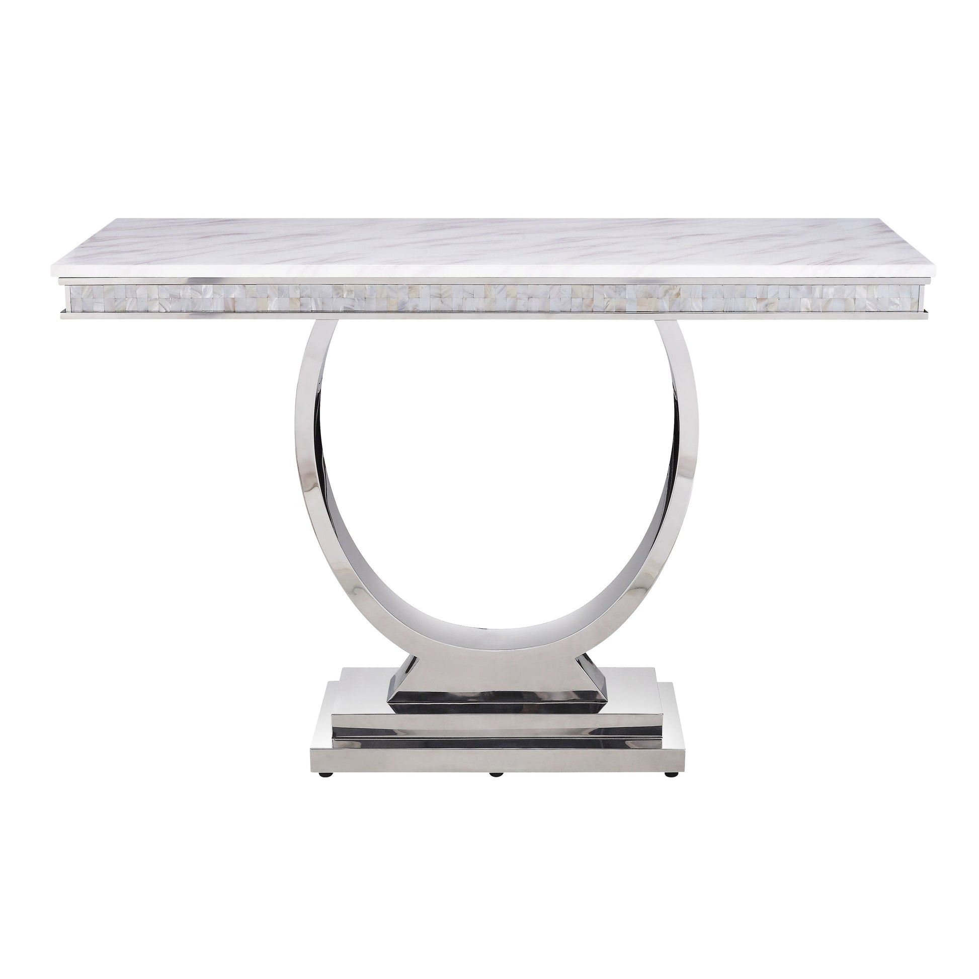 Rectangular marble console table with motherofpearl inlay and chrome pedestal base