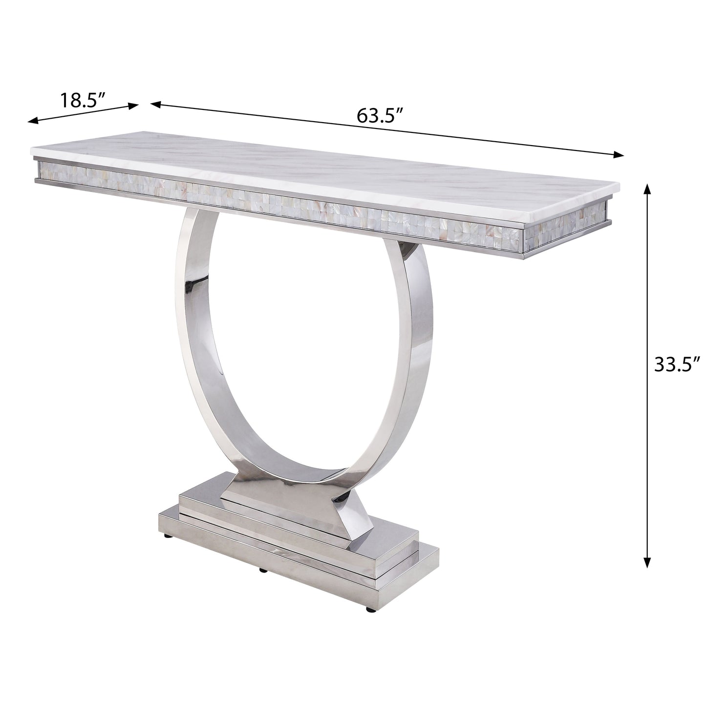 Marble console table with mother of pearl inlay and polished chrome pedestal base  W