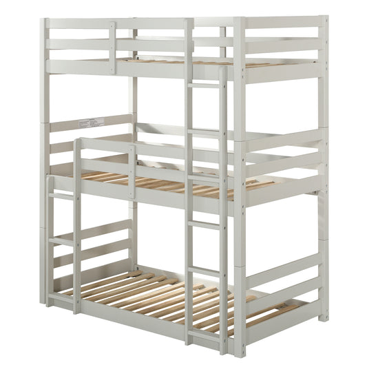 White wooden triple bunk bed with ladders on both sides for easy access