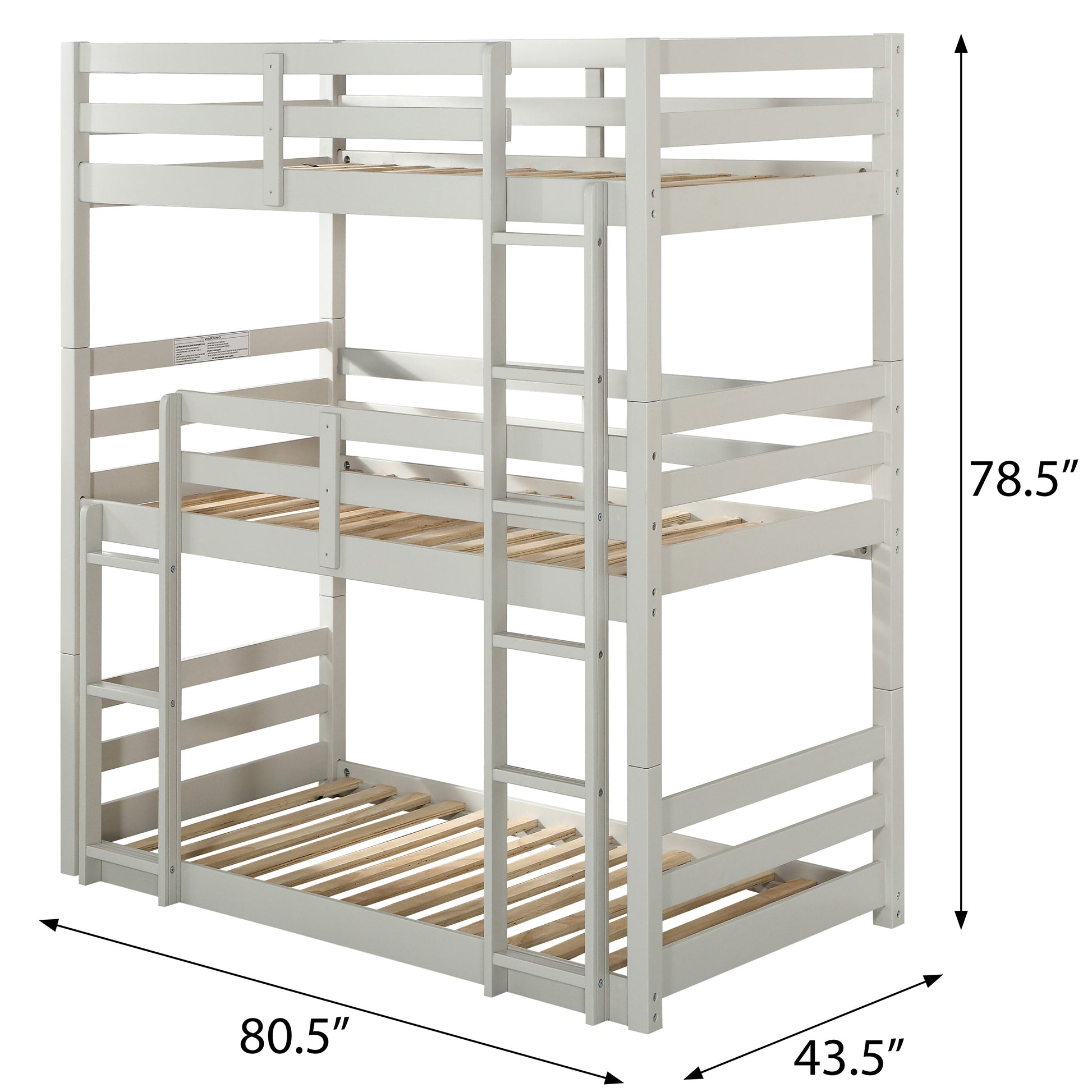 White triple bunk bed with solid wood construction and attached ladder