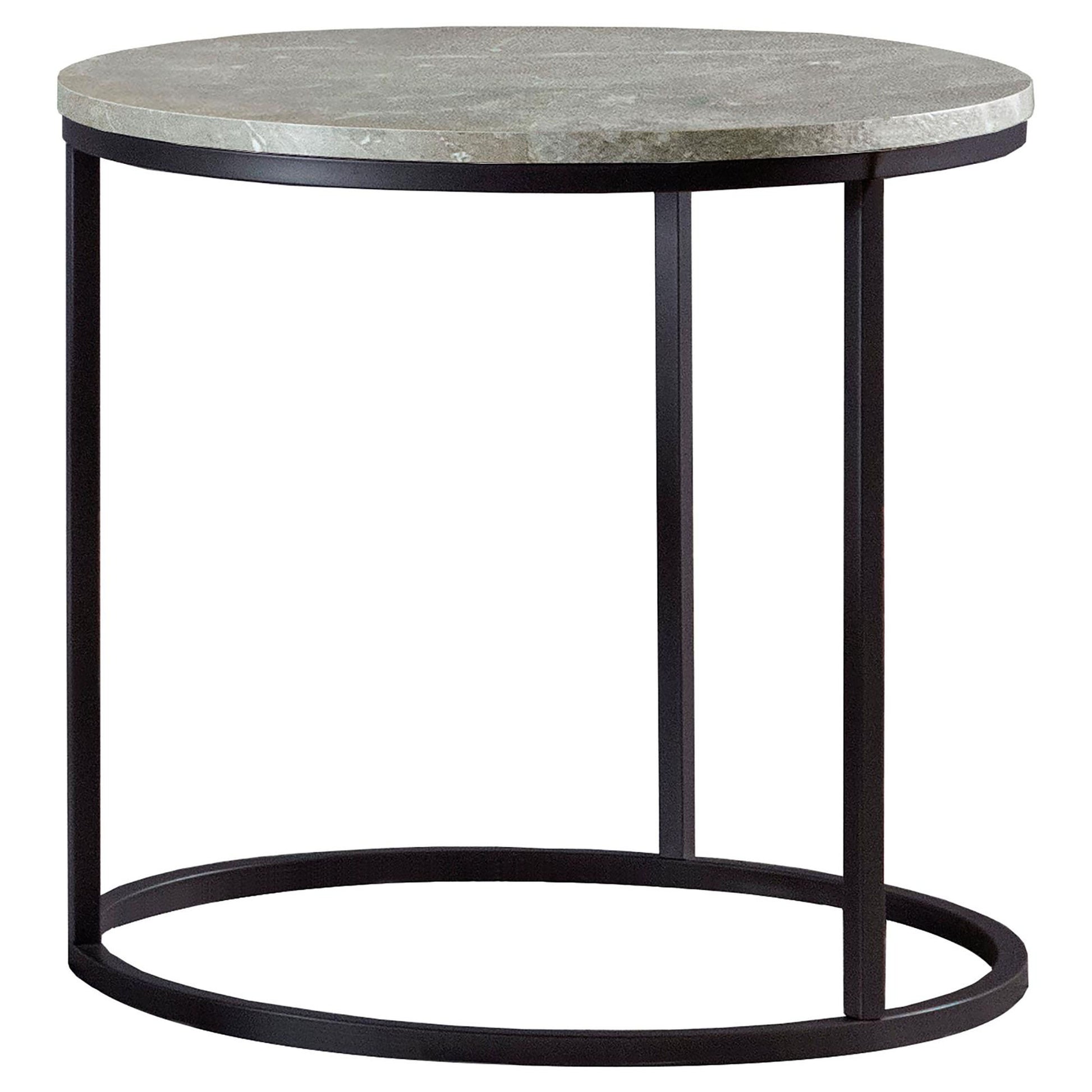 Round end table with grey marbled stone top and black metal frame