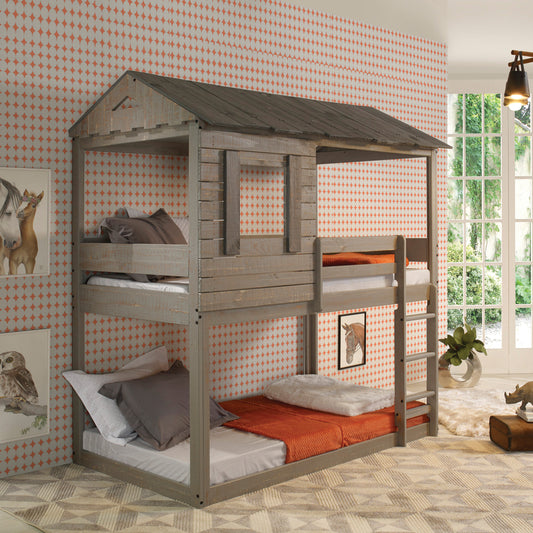 Rustic grey wood twin over twin bunk bed with house roof design and orange accents