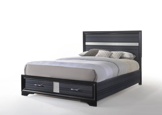 Modern grey wooden bed frame with storage drawers and silver accents