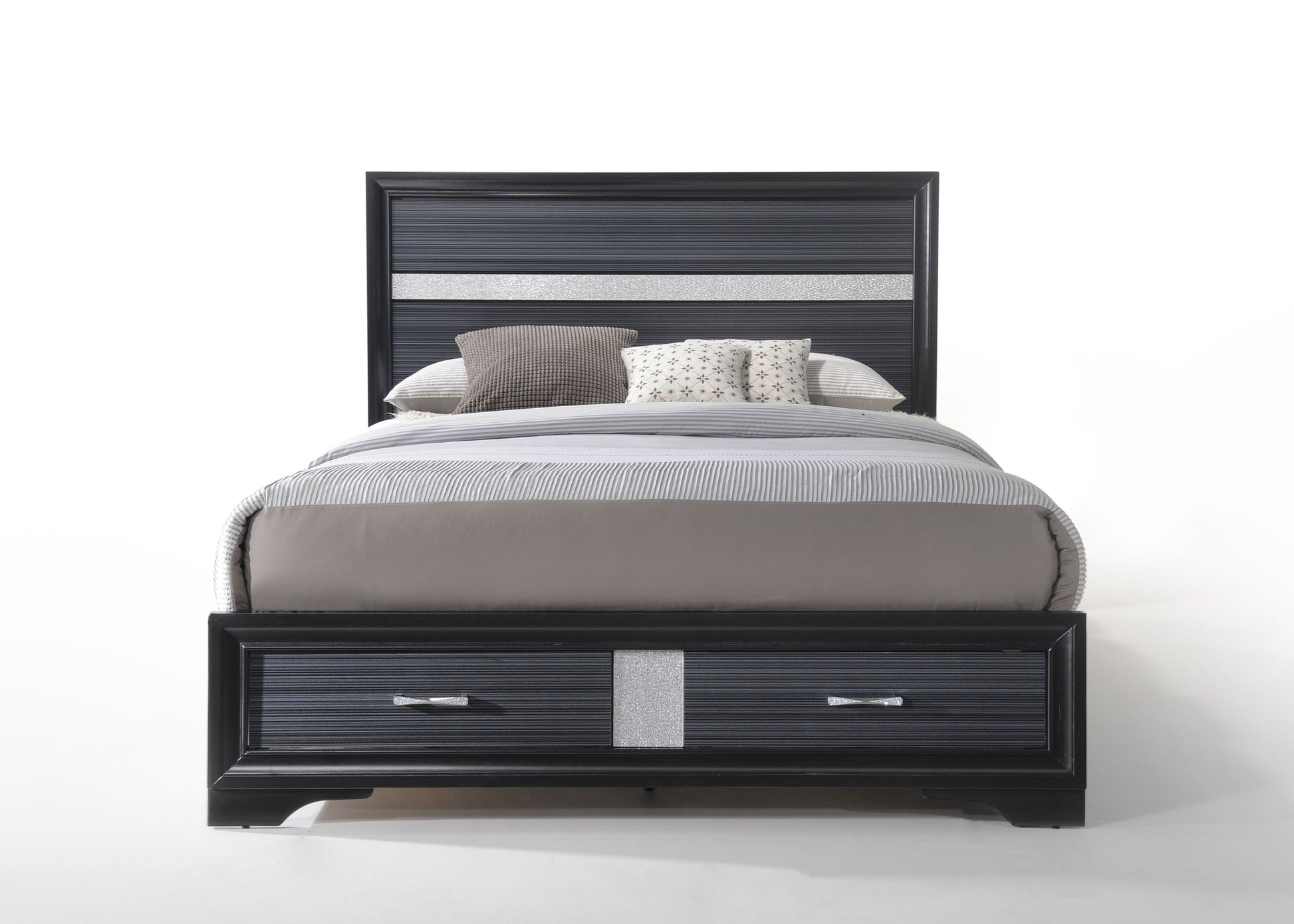Modern black bed frame with striped headboard and two storage drawers