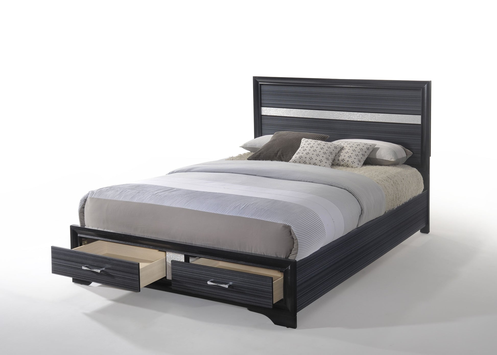 Dark gray queen bed frame with horizontal wood grain detail and two open storage drawers