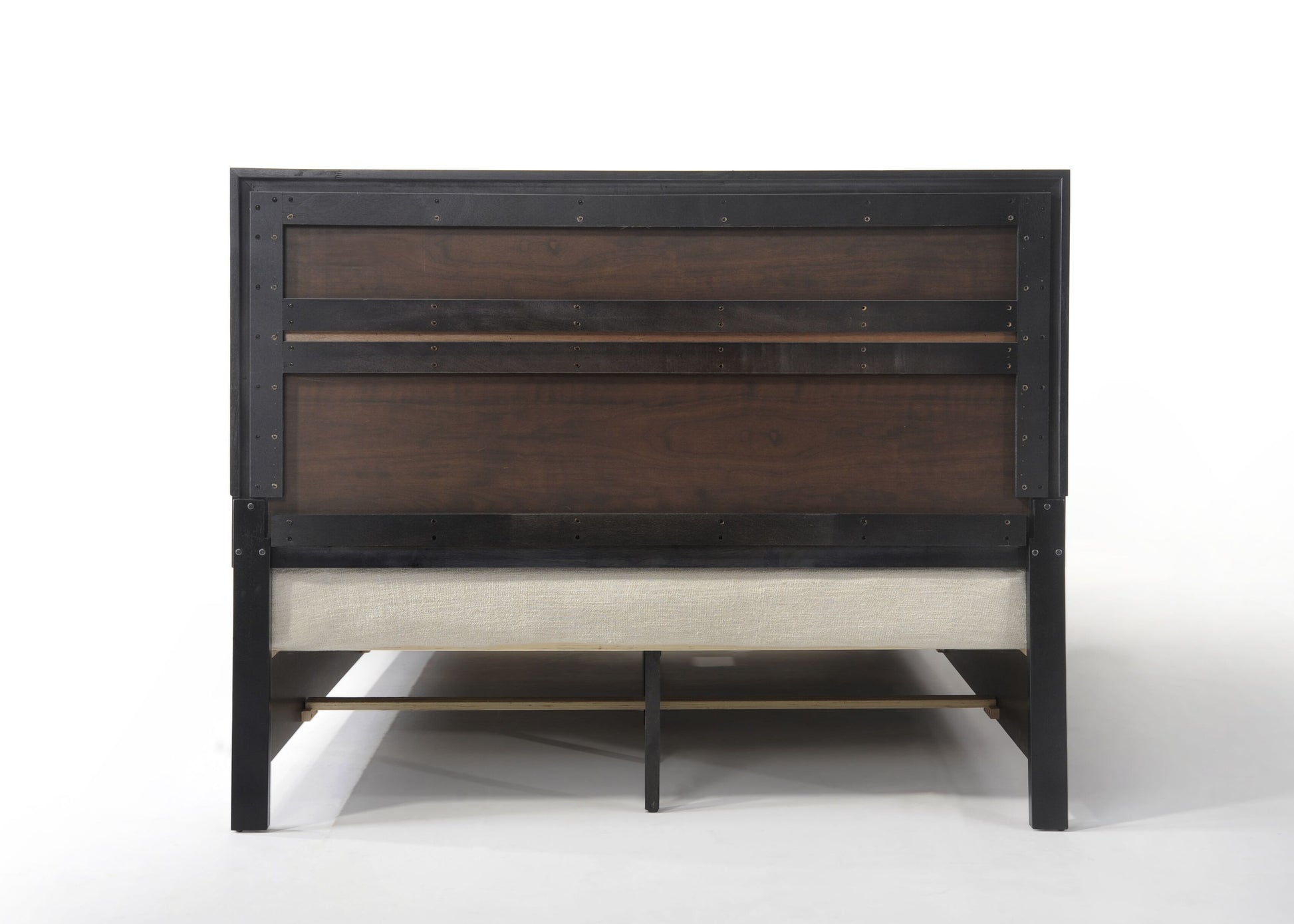 Dark wood headboard with industrial metal frame tufted beige fabric base modern platform bed frame