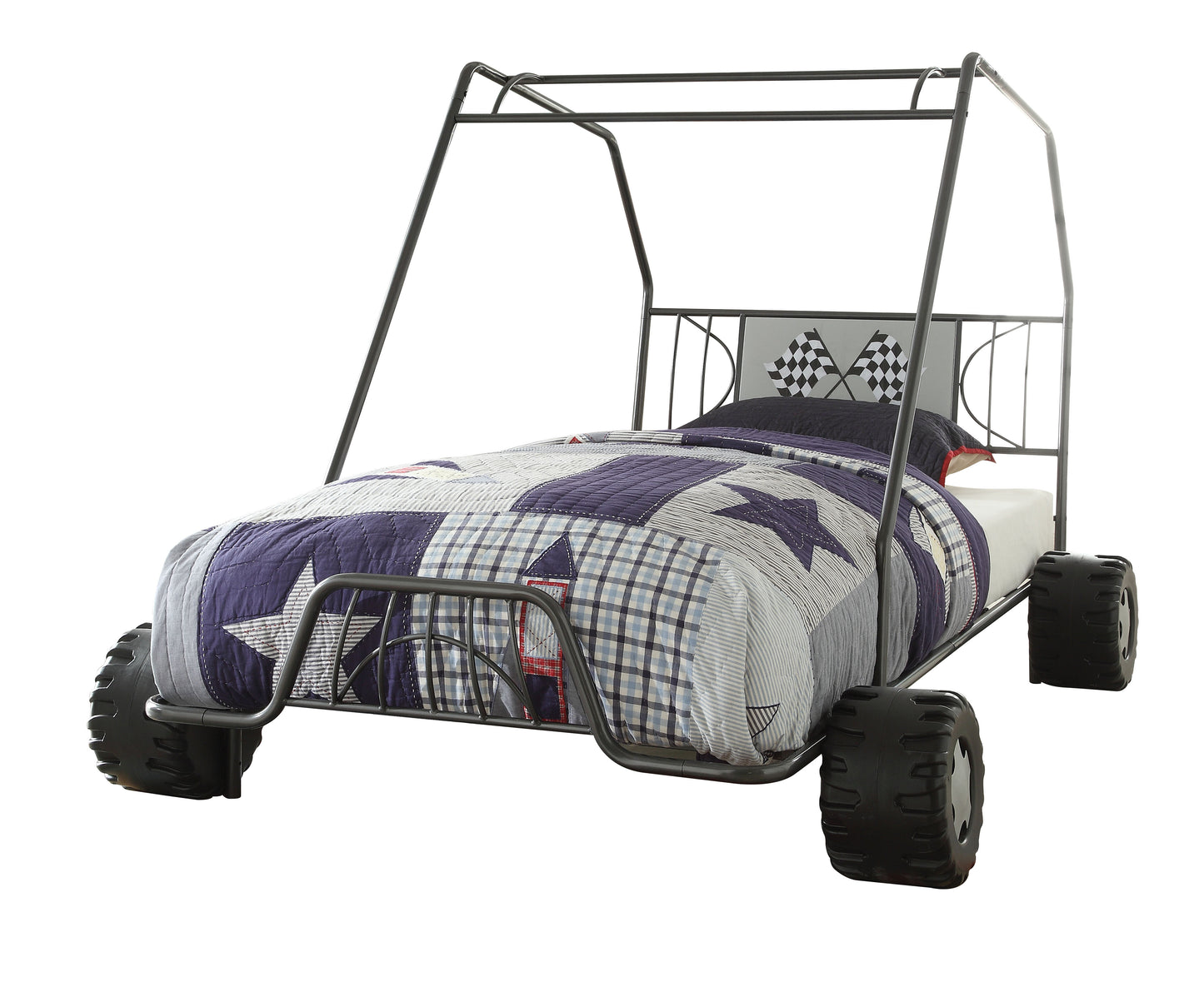 Dark grey metal racing car bed frame with checkered flags and star quilt