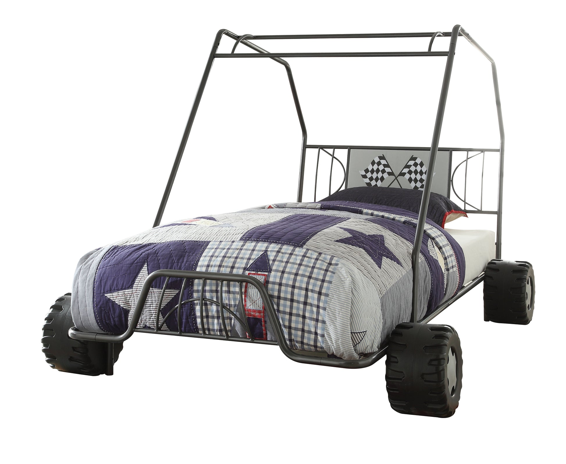 Dark grey metal racing car bed frame with checkered flags and star quilt