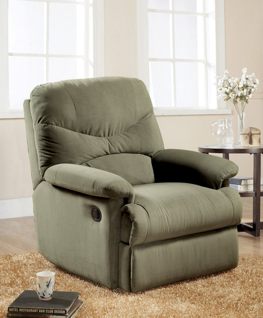Plush olive green fabric recliner chair with padded armrests and headrest perfect for living rooms