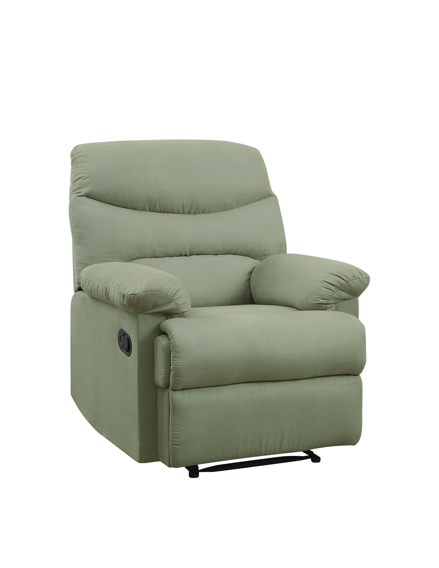 Soft sage green fabric recliner chair with padded arms and headrest for comfortable lounging