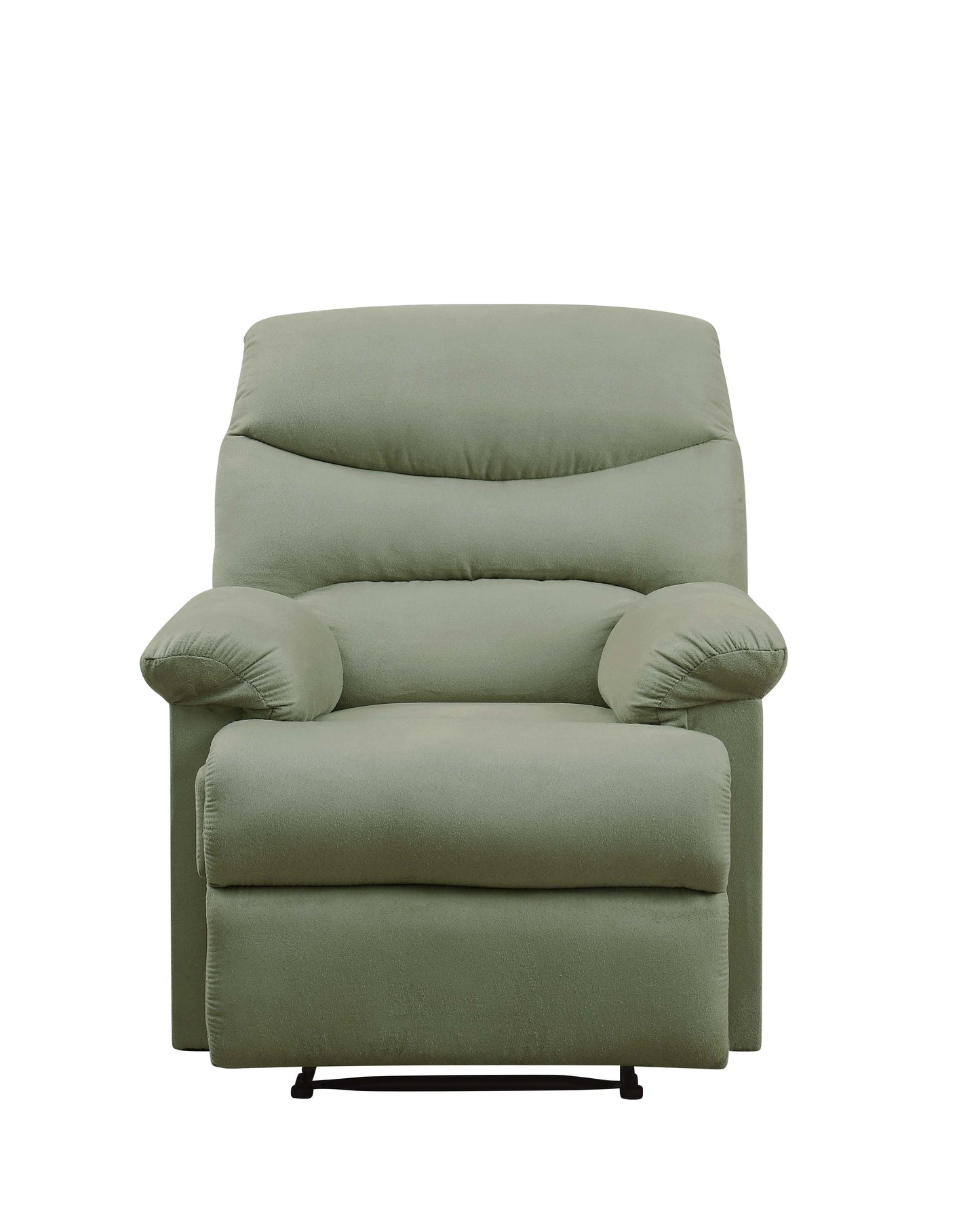 Plush sage green fabric recliner chair with padded arms and footrest