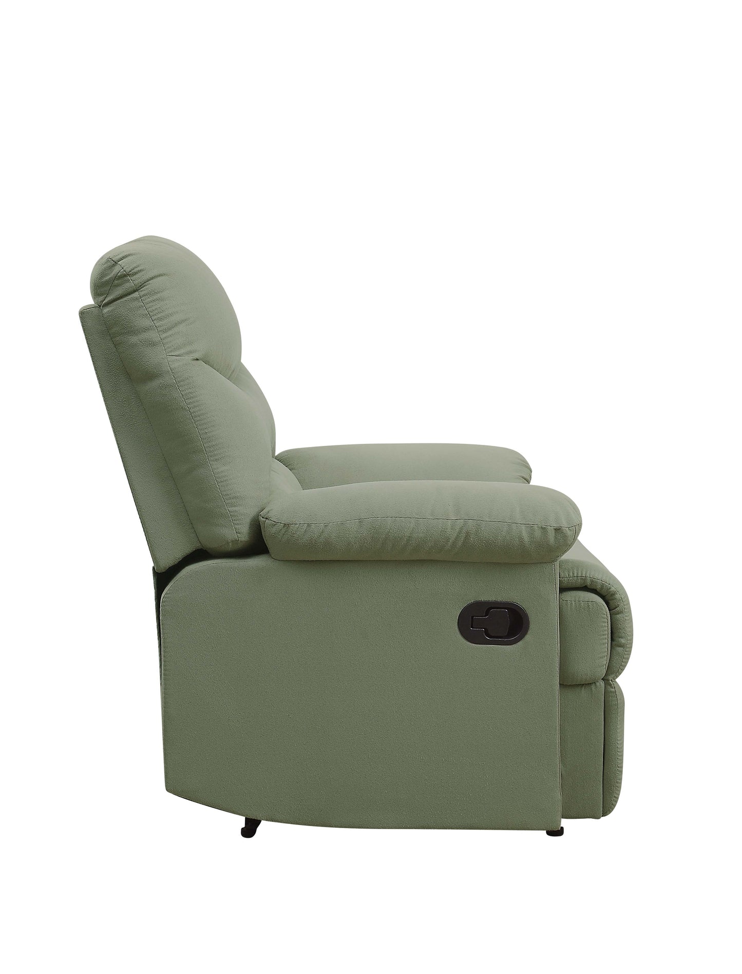 Sage green fabric recliner chair with padded arms and pull lever