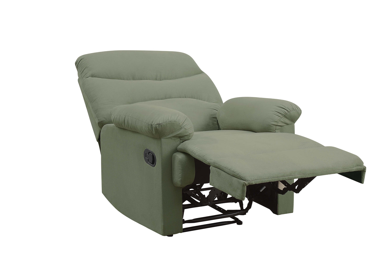 Comfortable green fabric recliner chair with extended footrest for ultimate relaxation