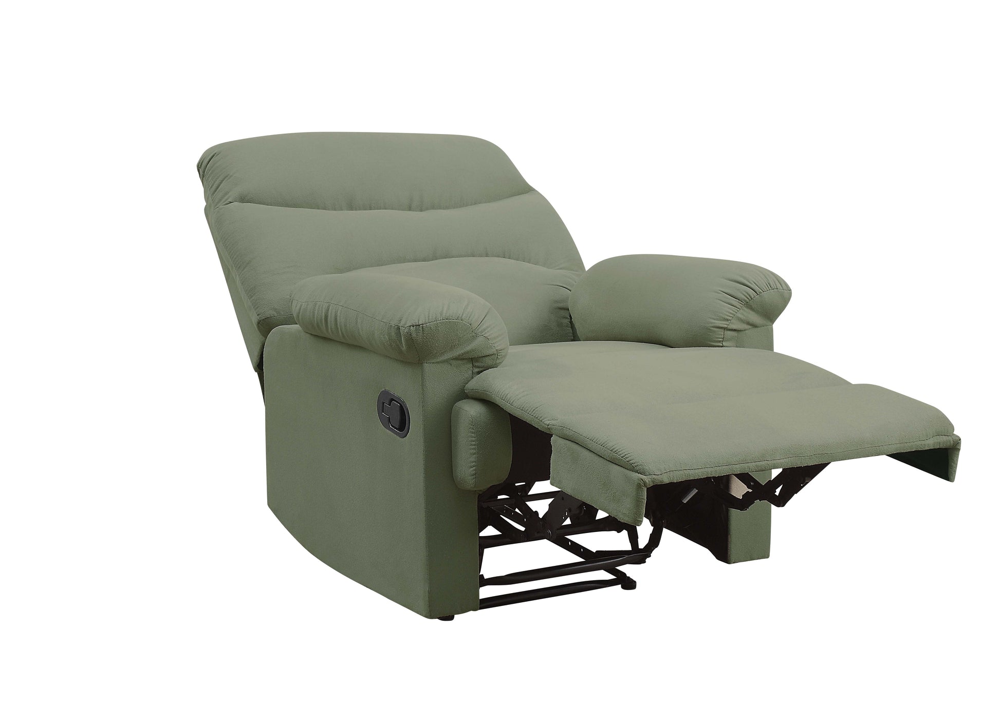 Comfortable green fabric recliner chair with extended footrest for ultimate relaxation