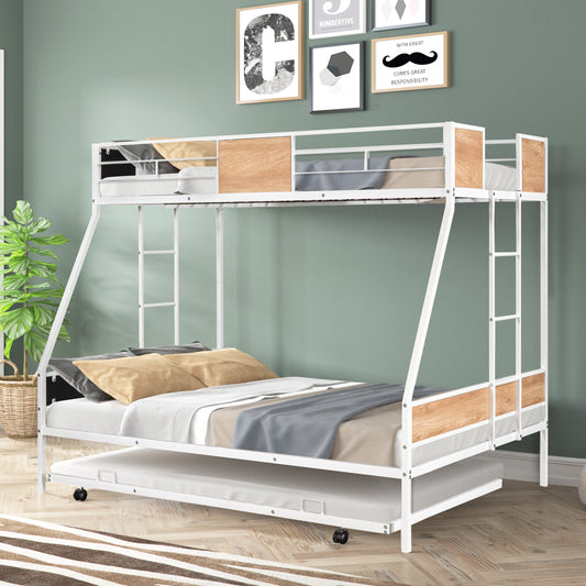 TREATLIFE HOME Metal Twin Over Full Bunk Bed with Trundle, Sturdy Design, Noise-Reducing Features, Space-Saving Solution, White