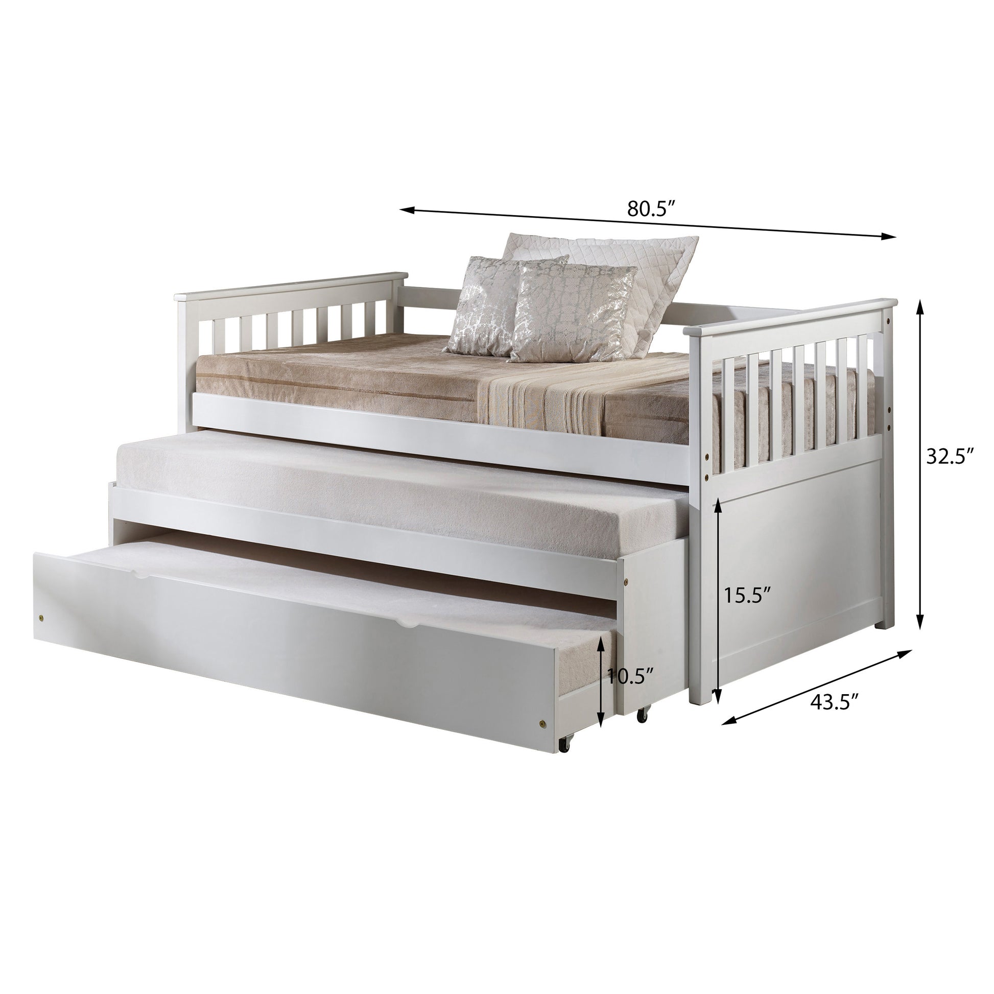 White wooden daybed with pullout trundle featuring clean lines and a slatted back