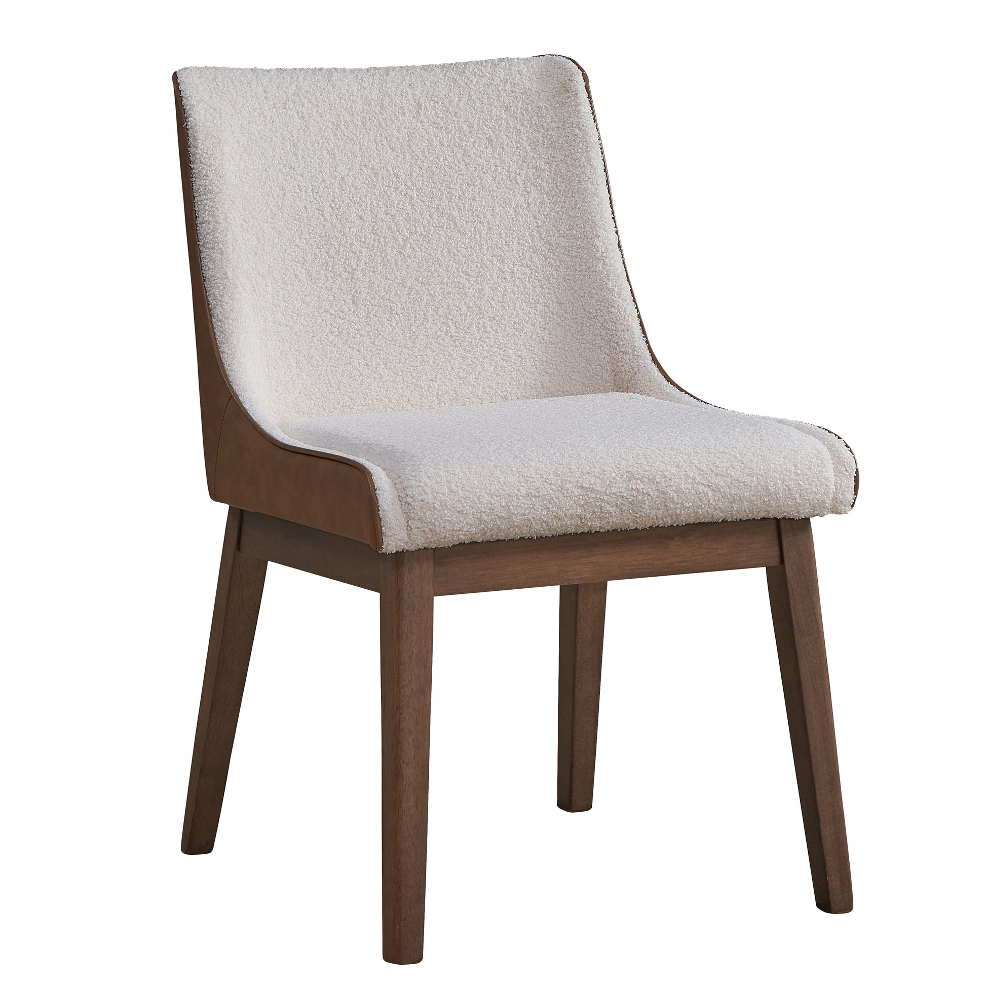 Cream boucle dining chair with brown faux leather trim and dark wood legs