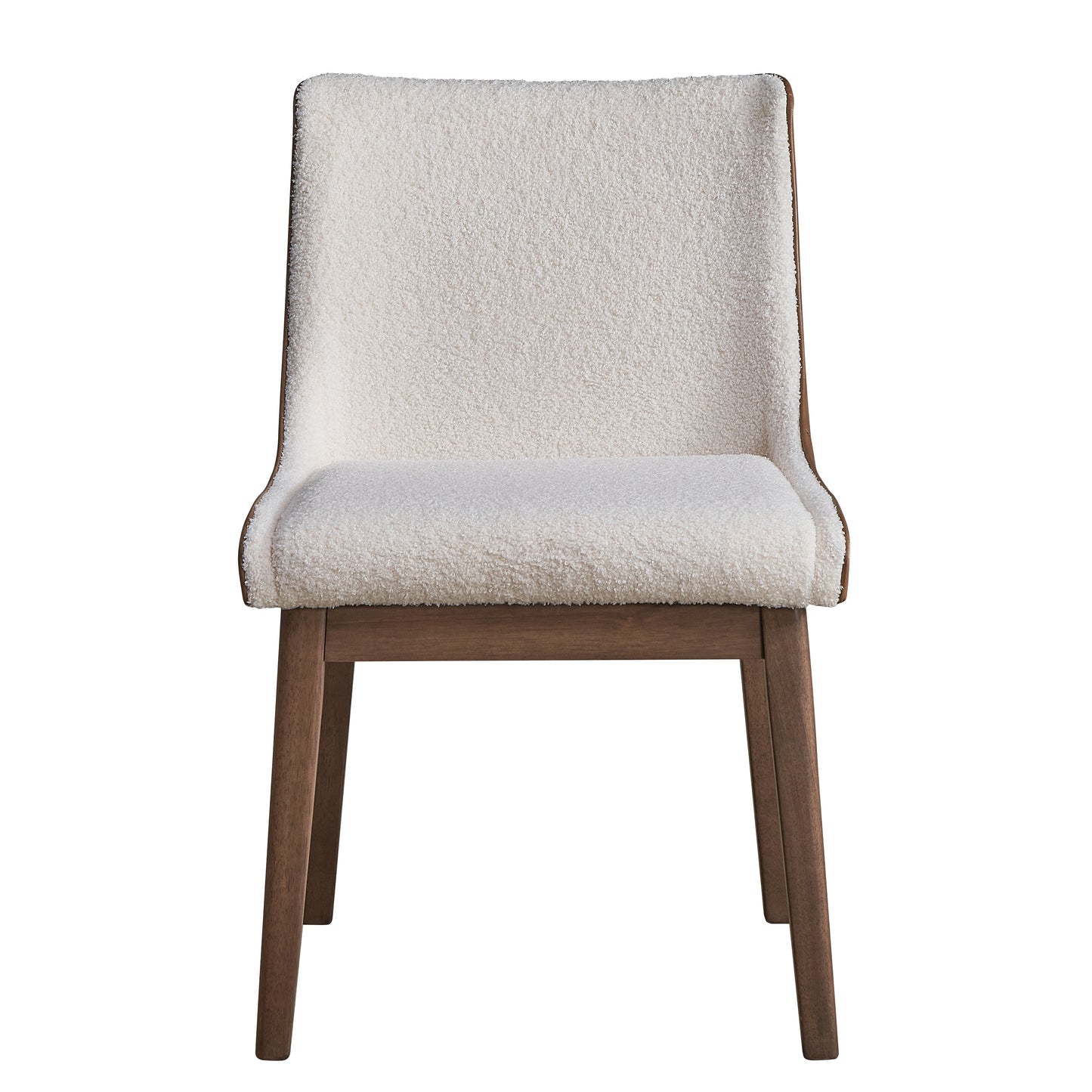 Cream boucle dining chair with dark wood legs and minimalist design
