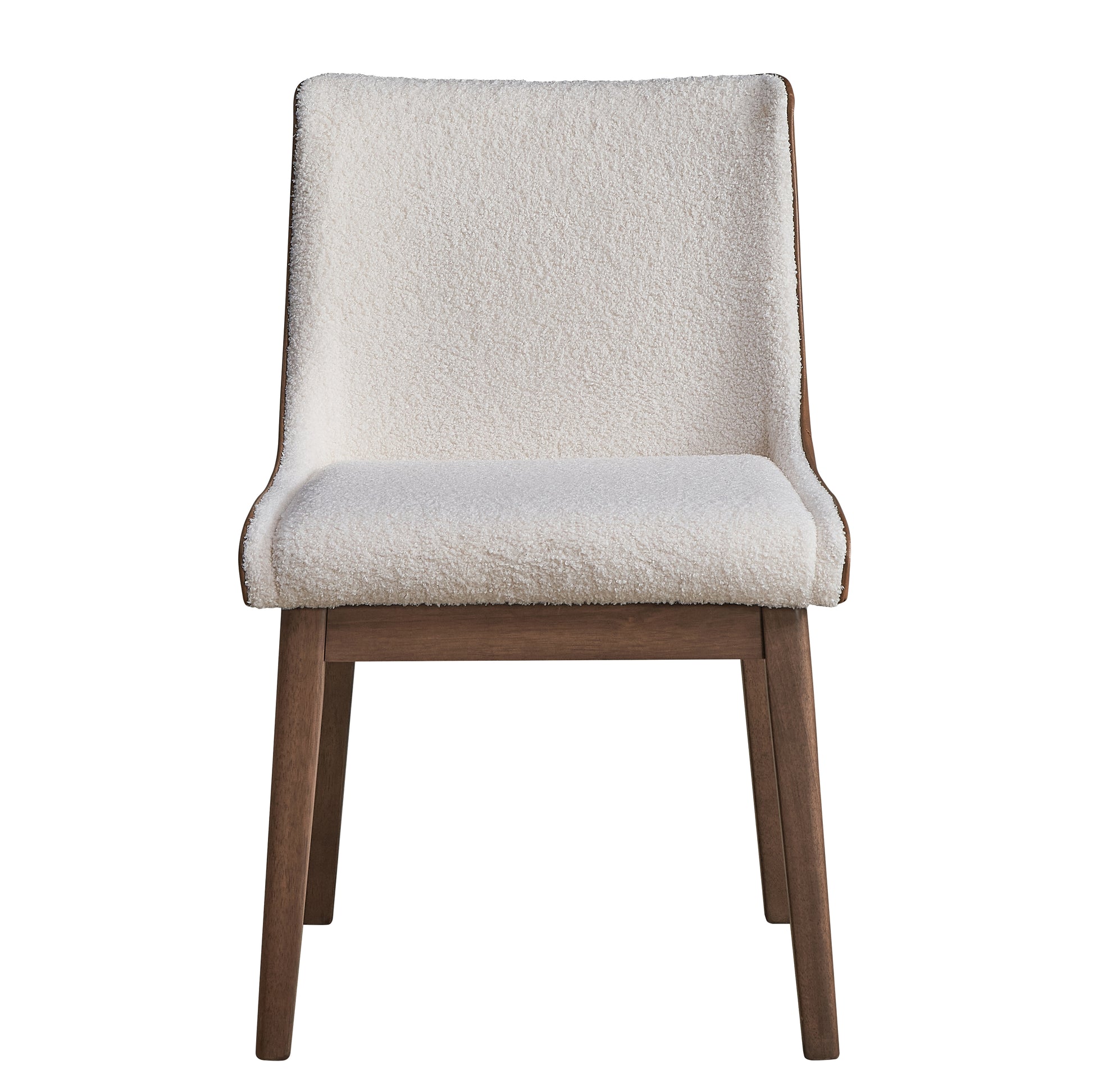 Cream boucle dining chair with dark wood legs and minimalist design