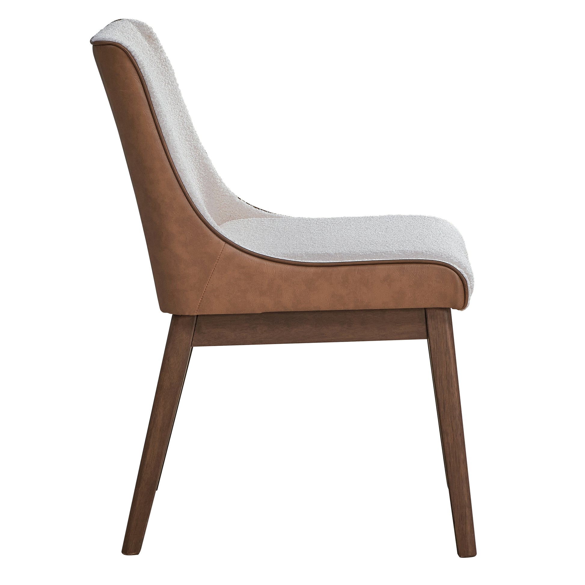 Brown leather and white boucle dining chair with wooden legs