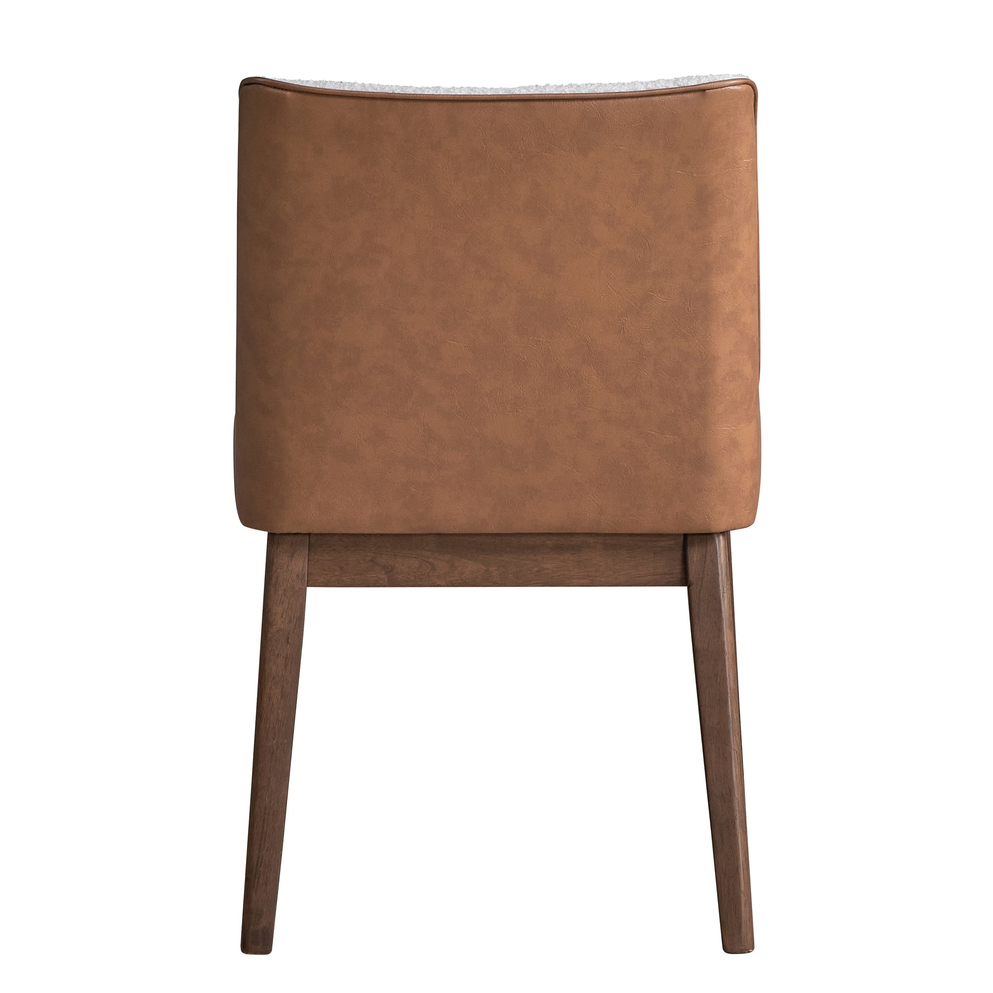 Back view of a brown faux leather dining chair with wooden legs and sherpa trim accent